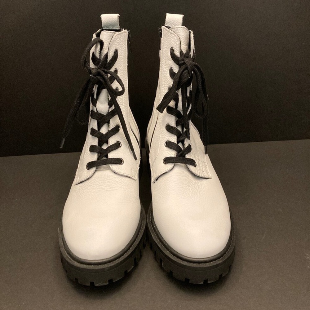 Crown Vintage Combat Boot White Leather Womens 10 M Side Zip Lace Up - Picture 2 of 12